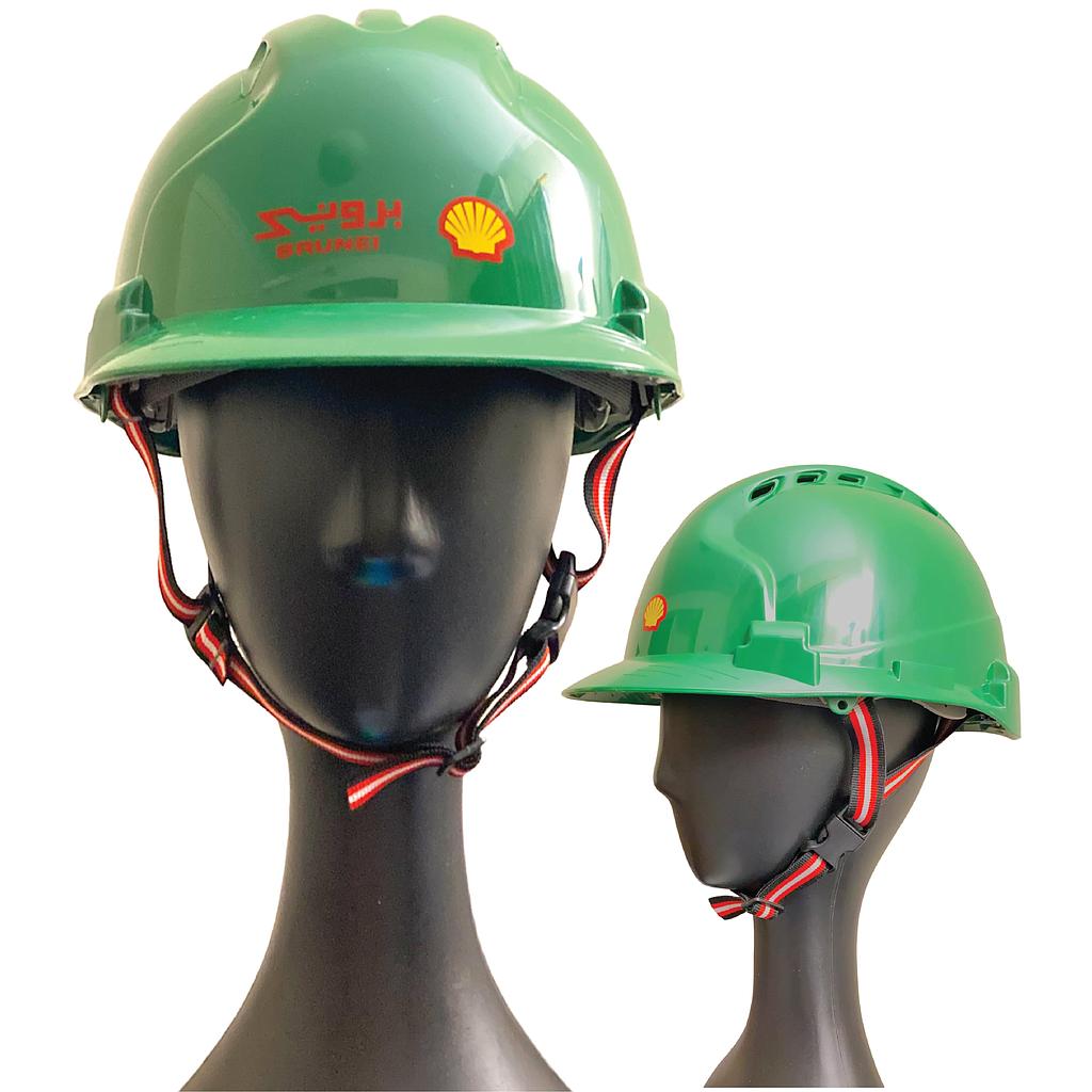 Safety Helmet with Chinstrap (Half Brim, Vented, Green) - BSP Logo