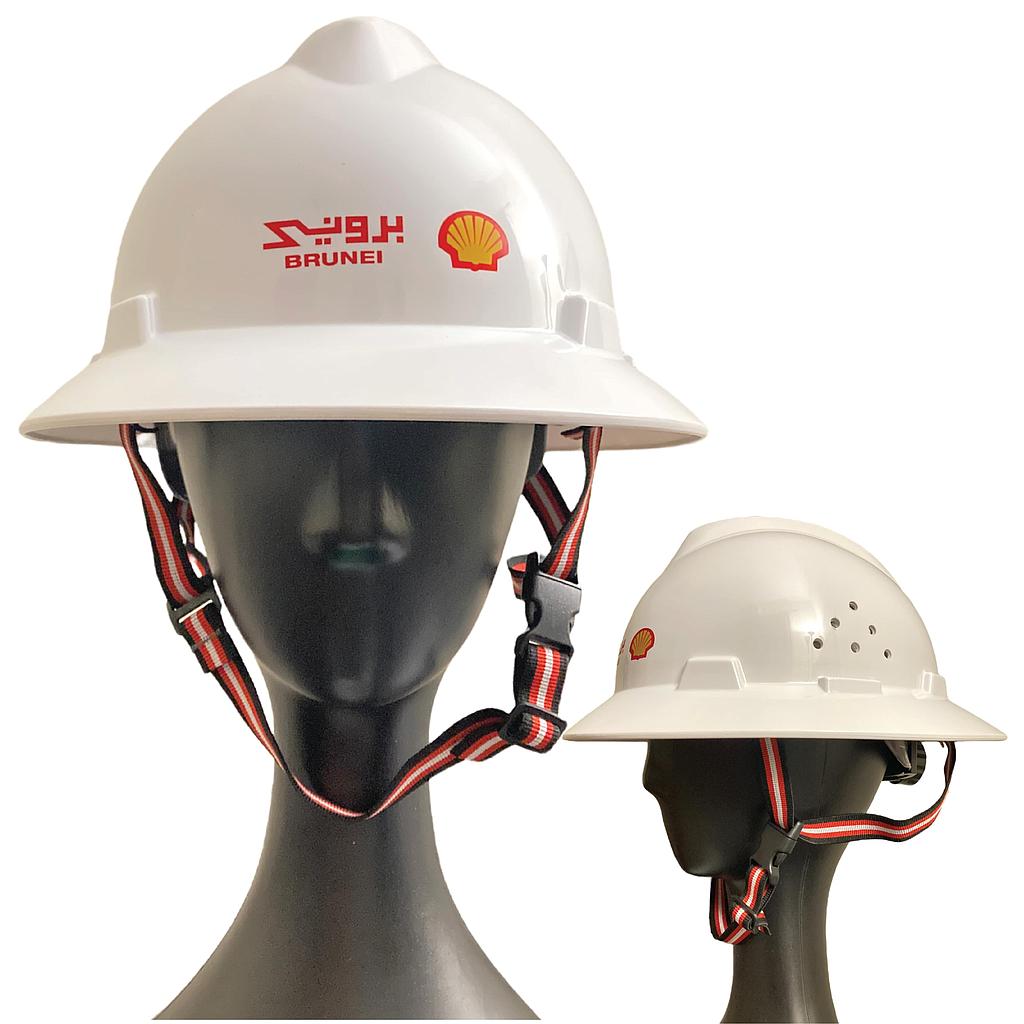 Safety Helmet with Chinstrap (Full Brim, Vented, White) - BSP Logo