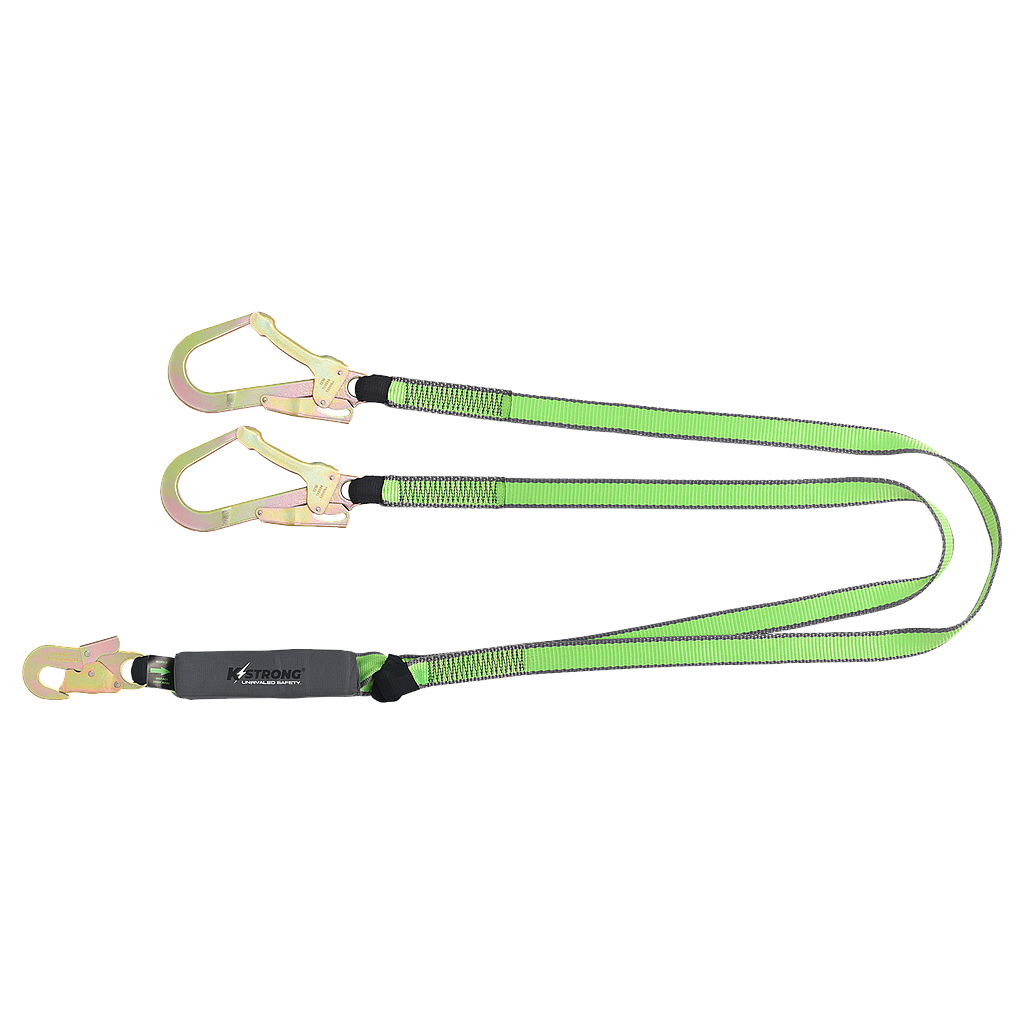 [AFL408612] Elite Shock Absorbing Lanyard Twin Leg 30mm Webbing 1.5m c/w Steel Snap Hook &amp; Steel Scaffold Hooks at other ends