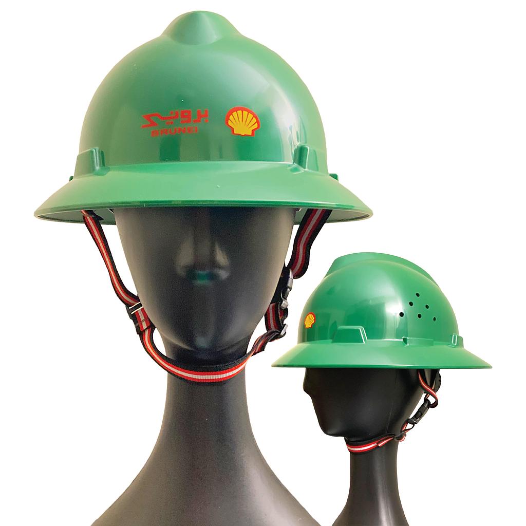 Safety Helmet with Chinstrap (Full Brim, Vented, Green) - BSP Logo